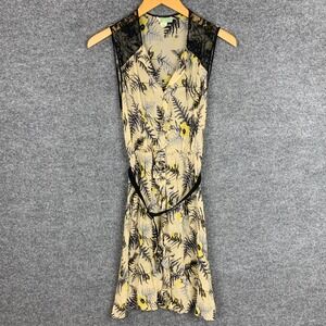 Anthropologie‎ Lil  Silk Lace Floral Midi Dress Size 4 Beige Yellow Black Belted